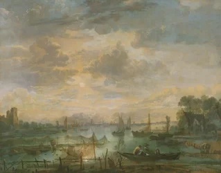 Maanlichtscène met vissers